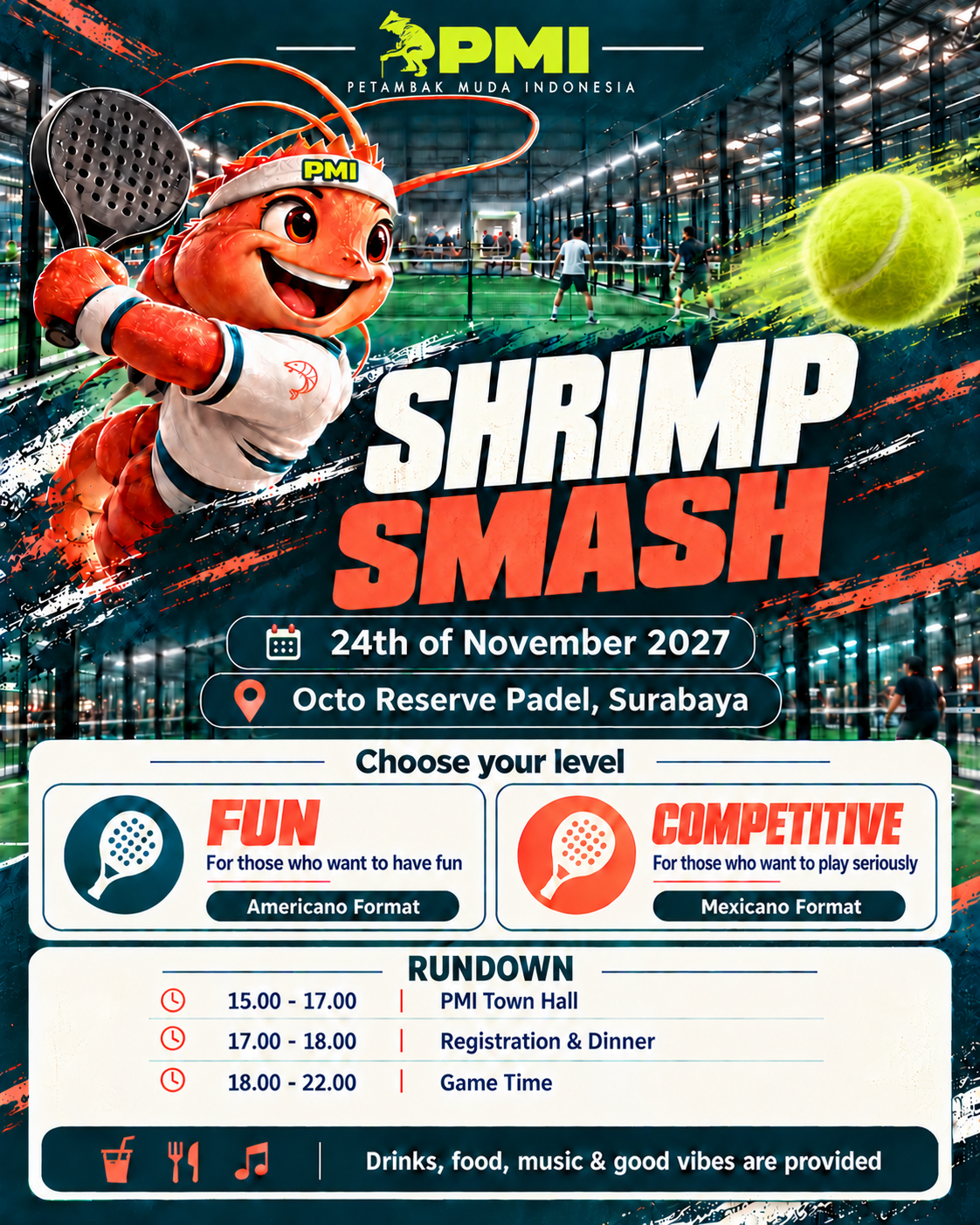 PMI Shrimp Smash flyer featuring a shrimp playing padel, event details, and the schedule